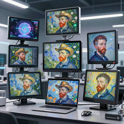 Photograph of six computer monitors displaying Vincent van Gogh's 