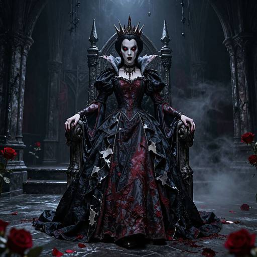 Digital artwork of a gothic queen with pale skin, dark lipstick, black crown, and blood-stained black gown, seated on a throne in a