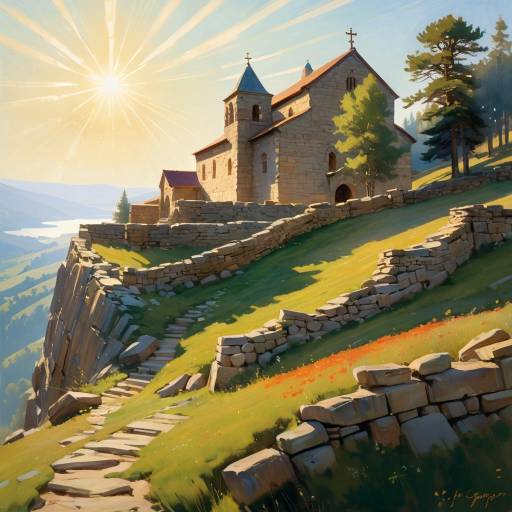 Stone Chapel on Sunlit Mountain Slope