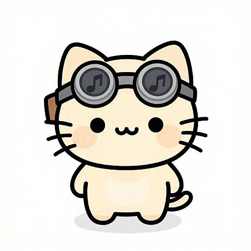Cute chibi-style drawing of a beige cat with black whiskers, wearing round black goggles, smiling with a small mouth.