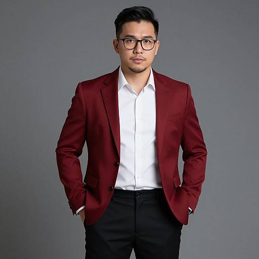 Photograph of a young Asian man with short black hair, glasses, wearing a red blazer, white shirt, black pants, and hands in pockets
