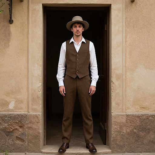 Photograph of a man in vintage brown suit, white shirt, and grey hat, standing in a stone doorway, exuding Western charm.