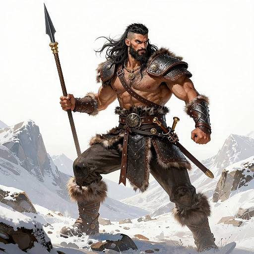 Muscular Viking Warrior in Snowy Mountain