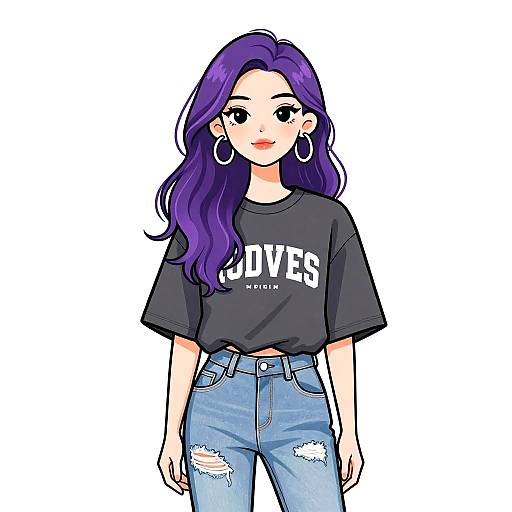 Woman in Casual Streetwear with Purple Hair