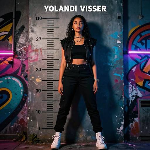 Photograph of a confident, curly-haired woman in black crop top, leather jacket, and high-waisted pants, standing against a graffiti-covered wall