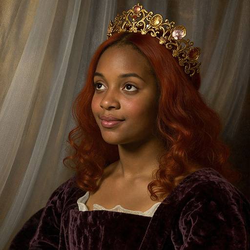 Photograph of a young Black woman with long red curls, wearing a gold ornate tiara and a black velvet dress, with a draped, semi