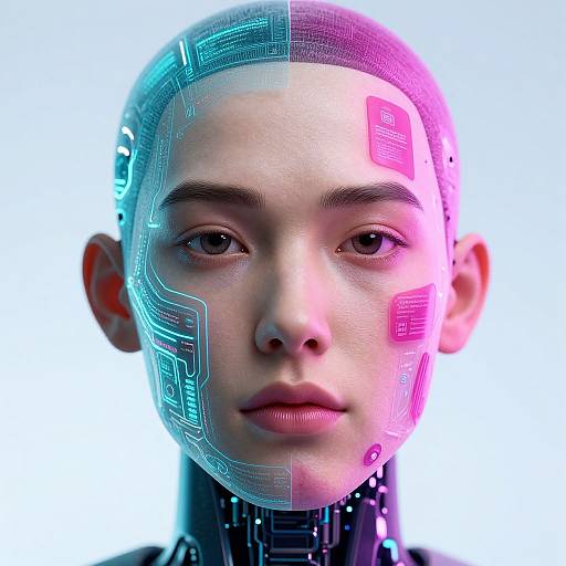 CGI image of a young, androgynous person with a cybernetic head, featuring glowing blue and pink circuit patterns on their face and