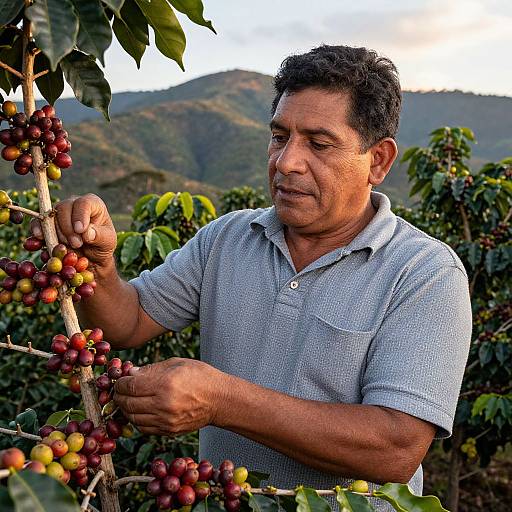 Photograph of a middle-aged Hispanic man with short black hair, wearing a light gray polo shirt, picking red and yellow grapes in a lush, mountain