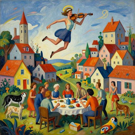Vibrant painting of a woman flying while playing violin over a village picnic, colorful houses, people, dogs, and a table with food.