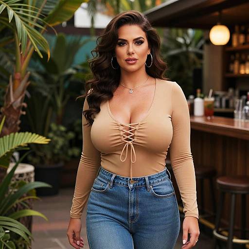 Photograph of a curvy woman with large breasts, long dark wavy hair, wearing a beige lace-up top and high-waisted blue jeans