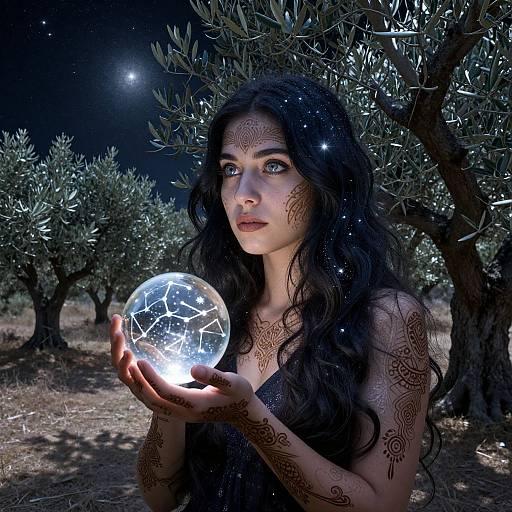 Mystical woman with long black hair, intricate henna tattoos, holding glowing orb under moonlit olive tree, surrounded by stars. Digital art.