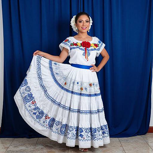Photograph of a smiling woman in a white, blue-embroidered, traditional Mexican dress with a blue belt, red flower accent, and white