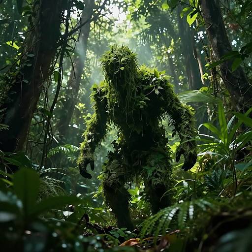 Photograph of a moss-covered, humanoid figure standing in a dense, sunlit forest, surrounded by lush green foliage and ferns.