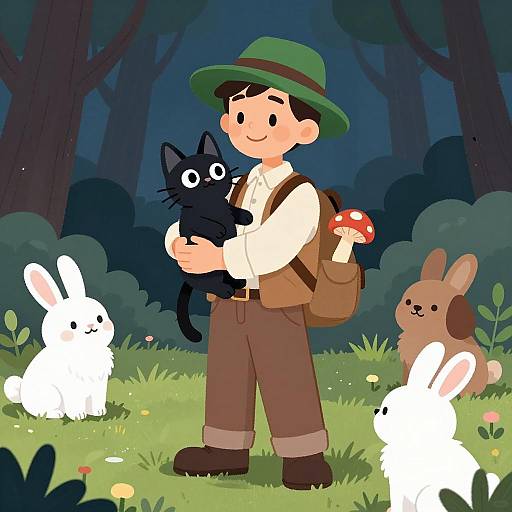 Cartoon man with animals in forest at night