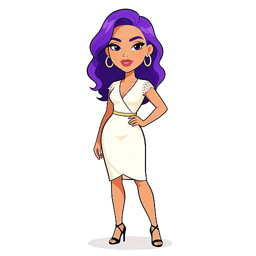 Cartoon-style illustration of a confident woman with purple hair, wearing a white dress, black heels, and hoop earrings, standing with one hand on her