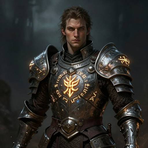 Digital artwork of a stern, dark-haired man in ornate, glowing medieval armor with intricate orange runes, standing in a misty, dark forest.