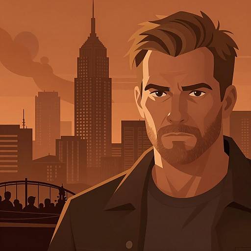 Intense Man Against Urban Abstract Background