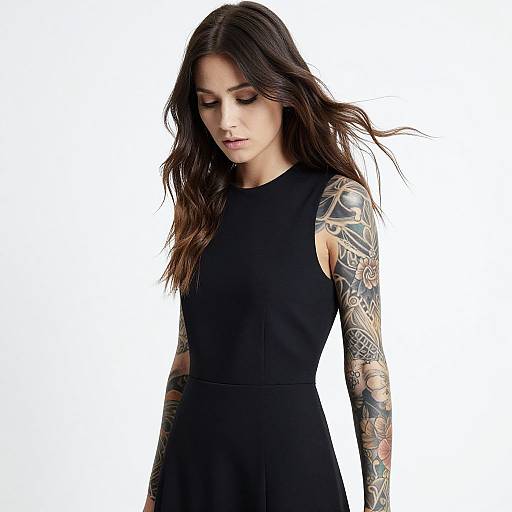 Photograph of a tattooed woman with long brown hair, wearing a sleeveless black dress, looking down against a white background.