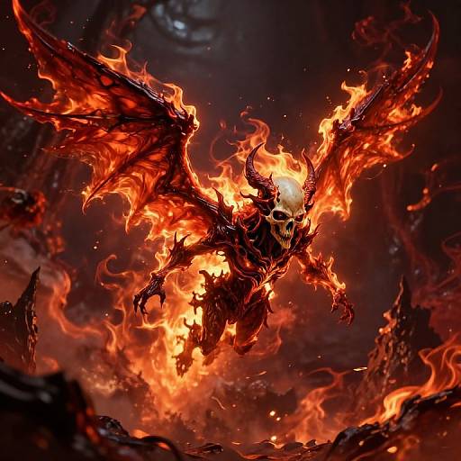 Digital illustration of a demonic, fire-covered creature with glowing eyes and large, flaming wings, soaring against a dark, fiery sky.
