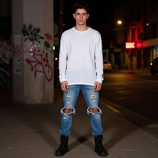 Photograph of a young man with short dark hair, wearing a white long-sleeve shirt, ripped blue jeans, and black boots, standing on