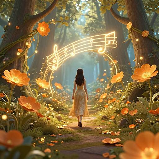 Woman Walking Through Magical Forest with Glowing Music Notes