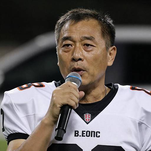 Asian Football Player Speaking into Microphone