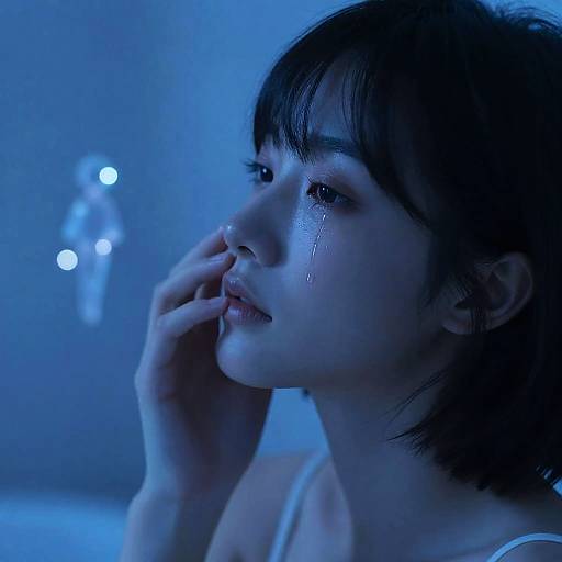 Contemplative Woman with Teardrops and Bokeh