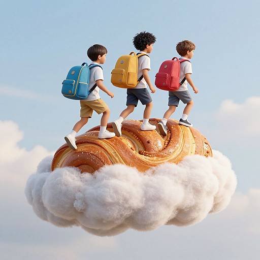 Three boys with backpacks (blue, yellow, red) standing on a giant, fluffy cloud shaped like a glazed donut, against a clear blue