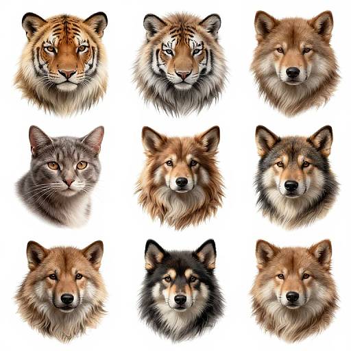 Digital illustration of nine detailed, realistic wolf and tiger head portraits in a 3x3 grid, showcasing diverse fur patterns and expressions against a white background