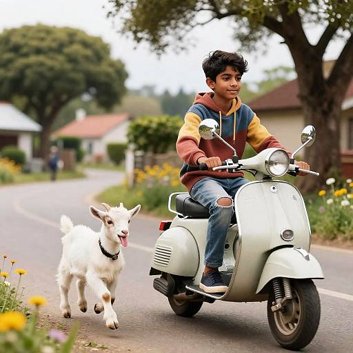 Curious Teen Riding Retro Moped with Goat