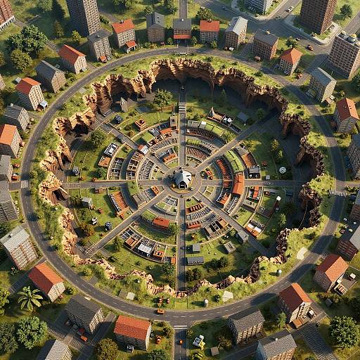 Aerial CGI of a circular urban park surrounded by red-roofed buildings, surrounded by a ring road and tall skyscrapers. Green trees and