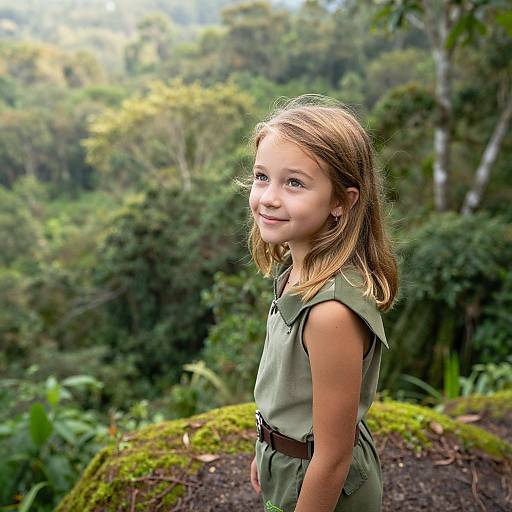 Photograph of a young girl with light brown hair, wearing a green sleeveless dress, smiling in a lush, green forest.