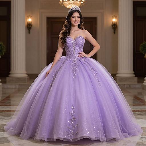 Photograph of a smiling woman with long, wavy brown hair, wearing a sparkling lavender ball gown with a full skirt, tiara, and standing