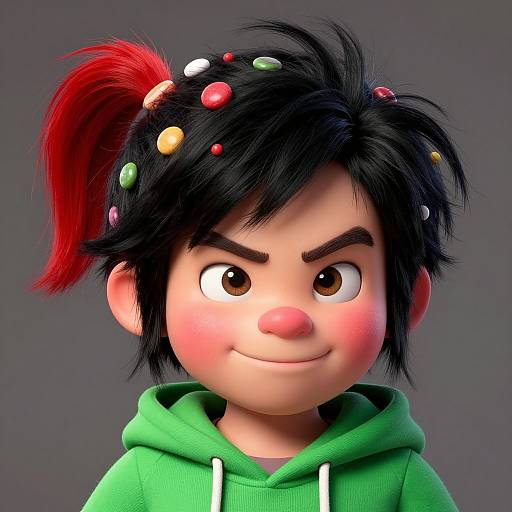 CGI cartoon of a mischievous young boy with black hair, red ponytail, colorful hairpins, green hoodie, and determined expression.