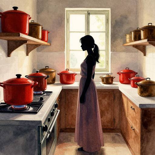 Silhouetted woman in a white dress stands in a sunlit kitchen with red and gold pots on shelves and stovetop.