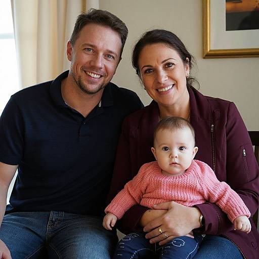 Photograph of smiling white family: bearded man in black polo, brunette woman in burgundy jacket, and baby in pink sweater.