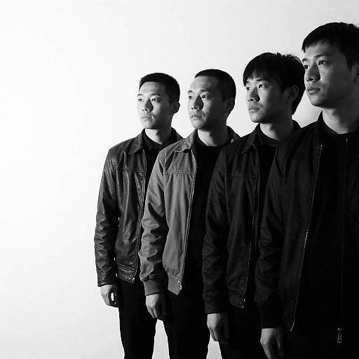 Black and White Portrait of Four Men in Jackets