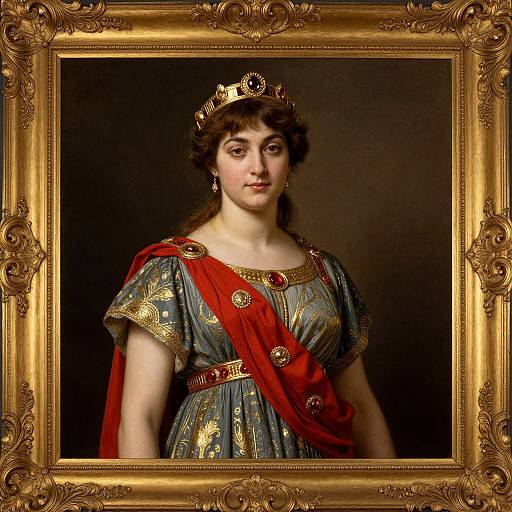 Portrait of a young, fair-skinned woman with dark hair, wearing a gold crown, blue and gold gown, and red sash, in an