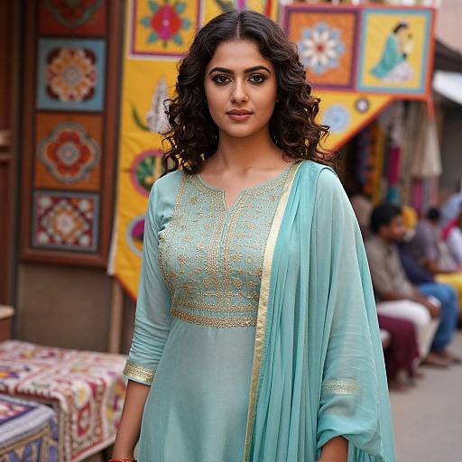 Photograph of a beautiful South Asian woman with dark curly hair, wearing a light blue, gold-embroidered traditional kurti, standing in