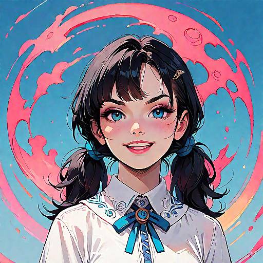 Grinning Black-Haired Twintail Schoolgirl Portrait