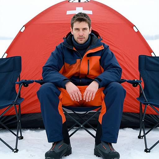 Photograph of a man with short brown hair, wearing a dark blue and orange winter jacket, sitting between two black camping chairs in front of a red