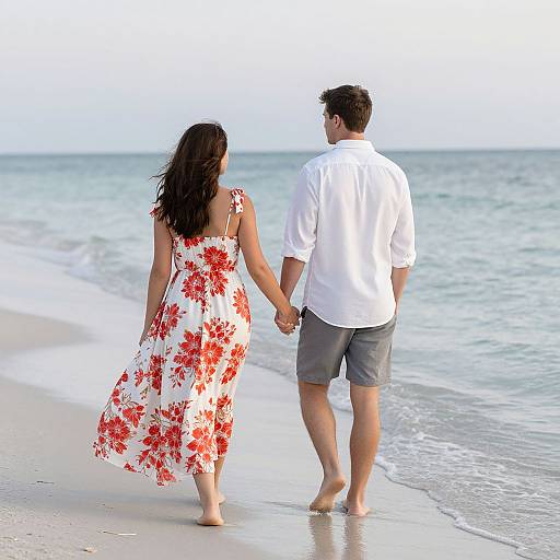 Photograph of a couple holding hands, walking on a beach. She wears a white floral dress, he wears a white shirt and gray shorts. Ocean