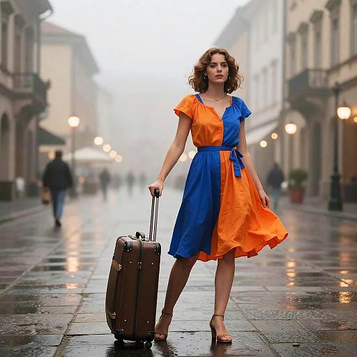 Woman in Orange and Blue Dress with Suitcase in Misty European Plaza