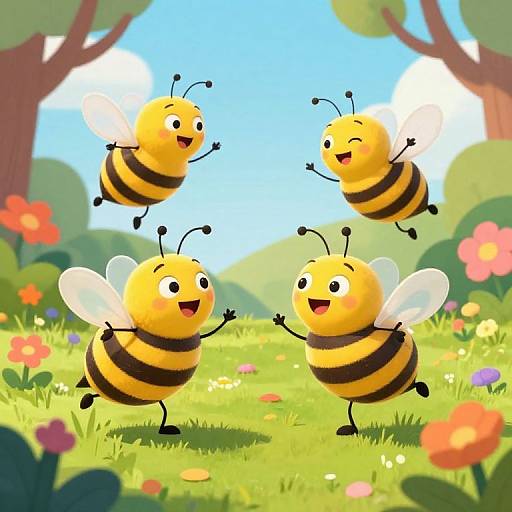 Cartoon-style illustration of four cheerful yellow and black striped bees with wings, dancing mid-air in a colorful, sunny meadow.