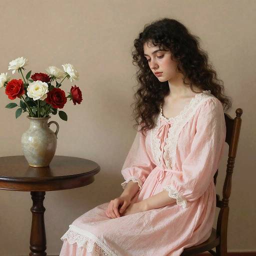 Photograph of a young woman with curly dark hair in a pink lace dress, sitting by a wooden table with a vase of red and white roses,