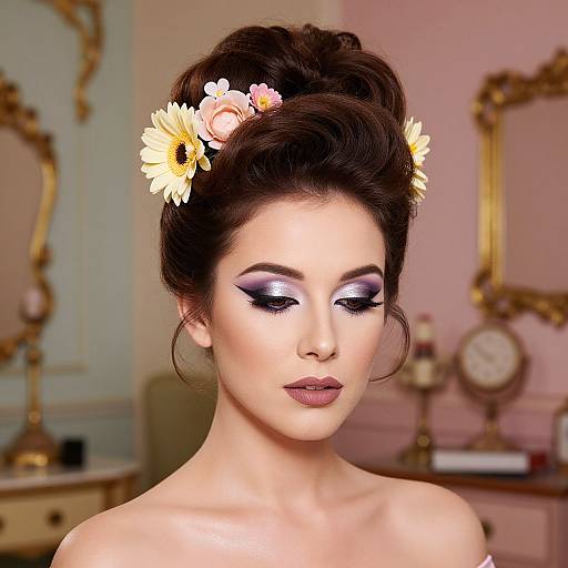 Digital portrait of a fair-skinned woman with dark hair in an updo, adorned with yellow daisies, wearing dramatic purple eyeshadow and
