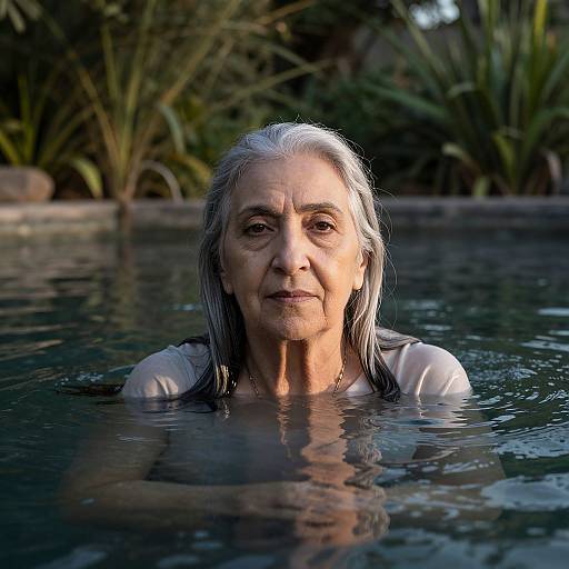 Photograph of an elderly woman with long, wet, silver hair, wearing a white shirt, floating in a dark, reflective pool surrounded by lush green