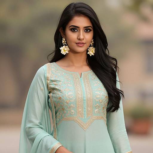 Photograph of an attractive Indian woman with long black hair, wearing a light turquoise traditional salwar kameez with gold embroidery, and large floral earrings