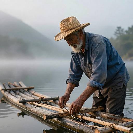 Elderly Man Building Raft at Dawn