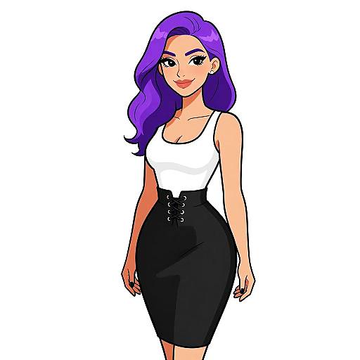 Digital cartoon of a smiling woman with purple hair, wearing a white tank top and black high-waisted skirt, standing against a white background.